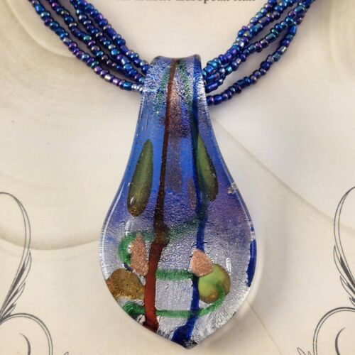 Blown Art Glass Vintage Necklace Pendant Beads Cord Artesian Collection NEW NOS