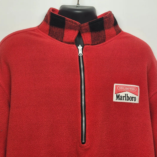 Marlboro Reversible Fleece Pullover Red & Black Plaid Men’s XL Half Zip 90s