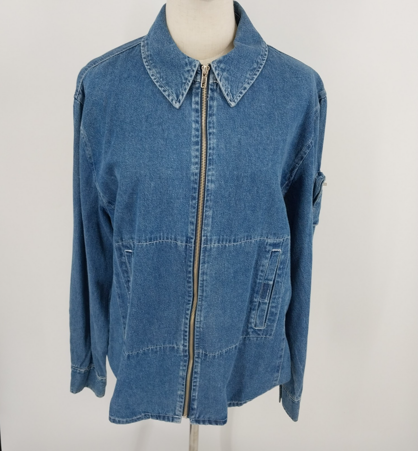 Explore Blue Cotton Denim Zip Jacket Size XL Long Sleeves Pocket on Left Sleeve