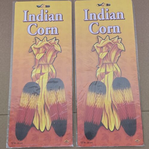 Two Beistle Indian Corn Honeycomb Decoration Thanksgiving Fall Autumn 1998 NIP