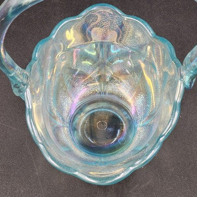 LE Smith Aqua Blue Stippled Glass Basket 6"w x 8.5" Applied Loose Handle AS IS