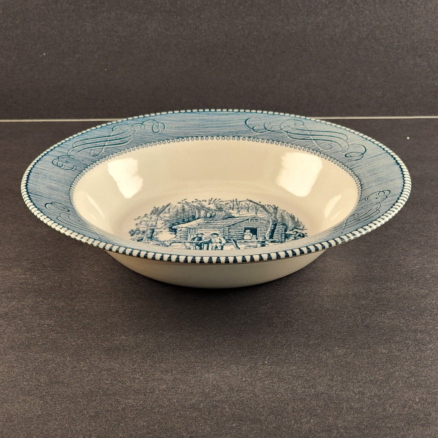 Currier and Ives Blue 9" Round Vegetable Bowl by Royal Maple Sugaring Image USA