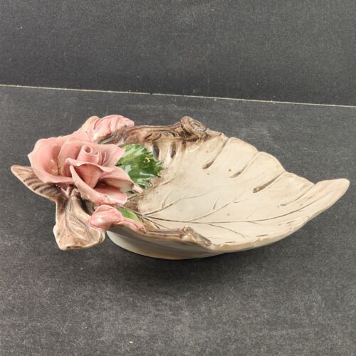 Capodimonte Large Rose Flower with Leaf Candy Dish Vintage Made in Italy 9" Long