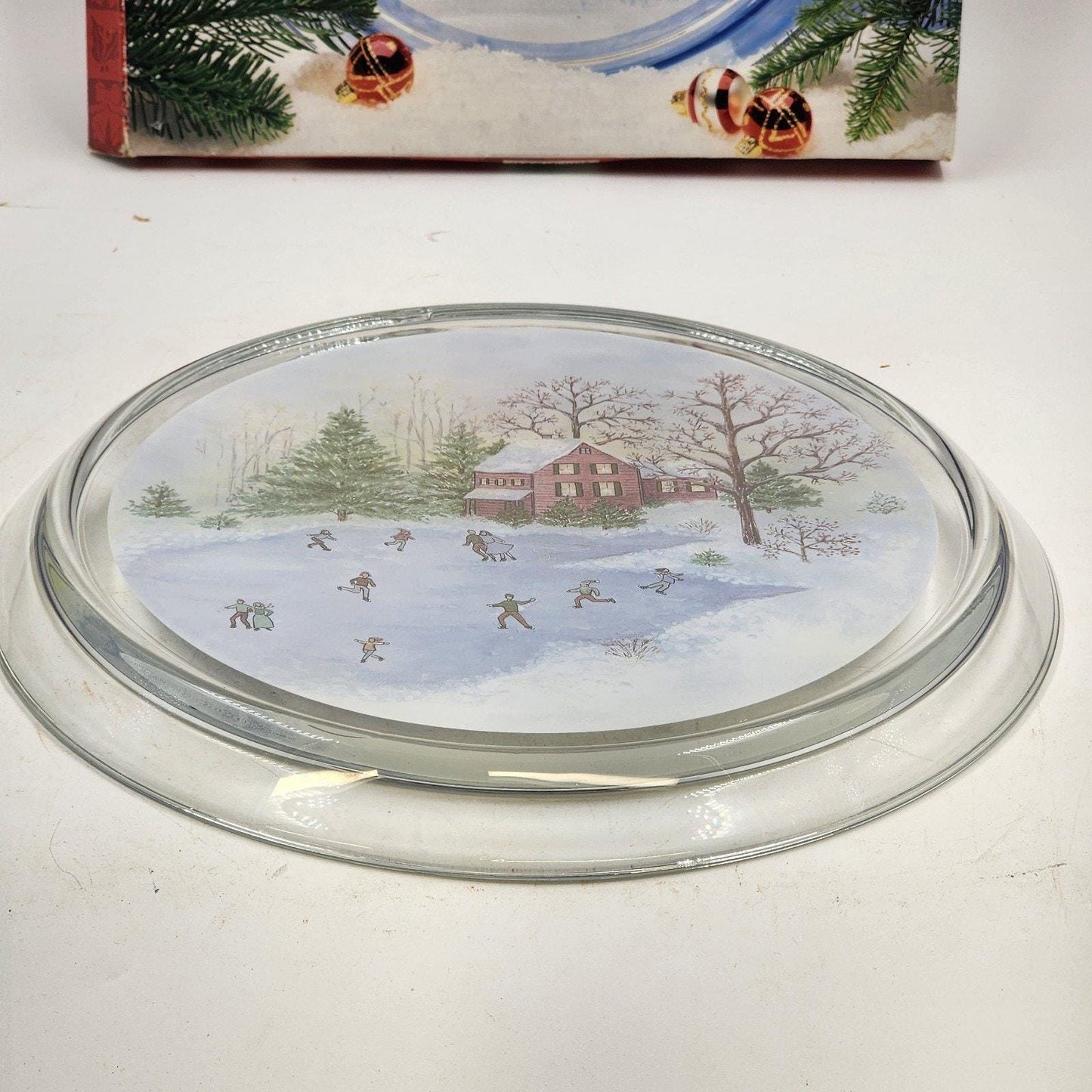 Clear Winter Platter Indiana Glass Lancaster 13"x1'' Christmas Skating Scene