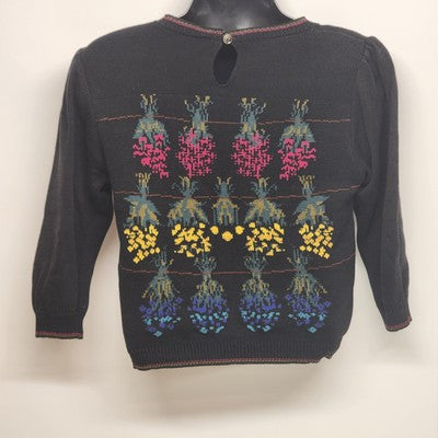 Cullinane Black Silk Blend Sweater L Floral Embroidery Shoulder Pads Vintage
