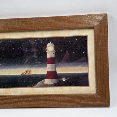 Set 2 Martin Wiscombe Lighthouse Print Wall Art Brown Frame Distressed 10.5x22.5