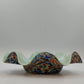 Hand Blown Art Glass Ruffled Bowl White Cased Multicolor Spun Spatter 12" Wide