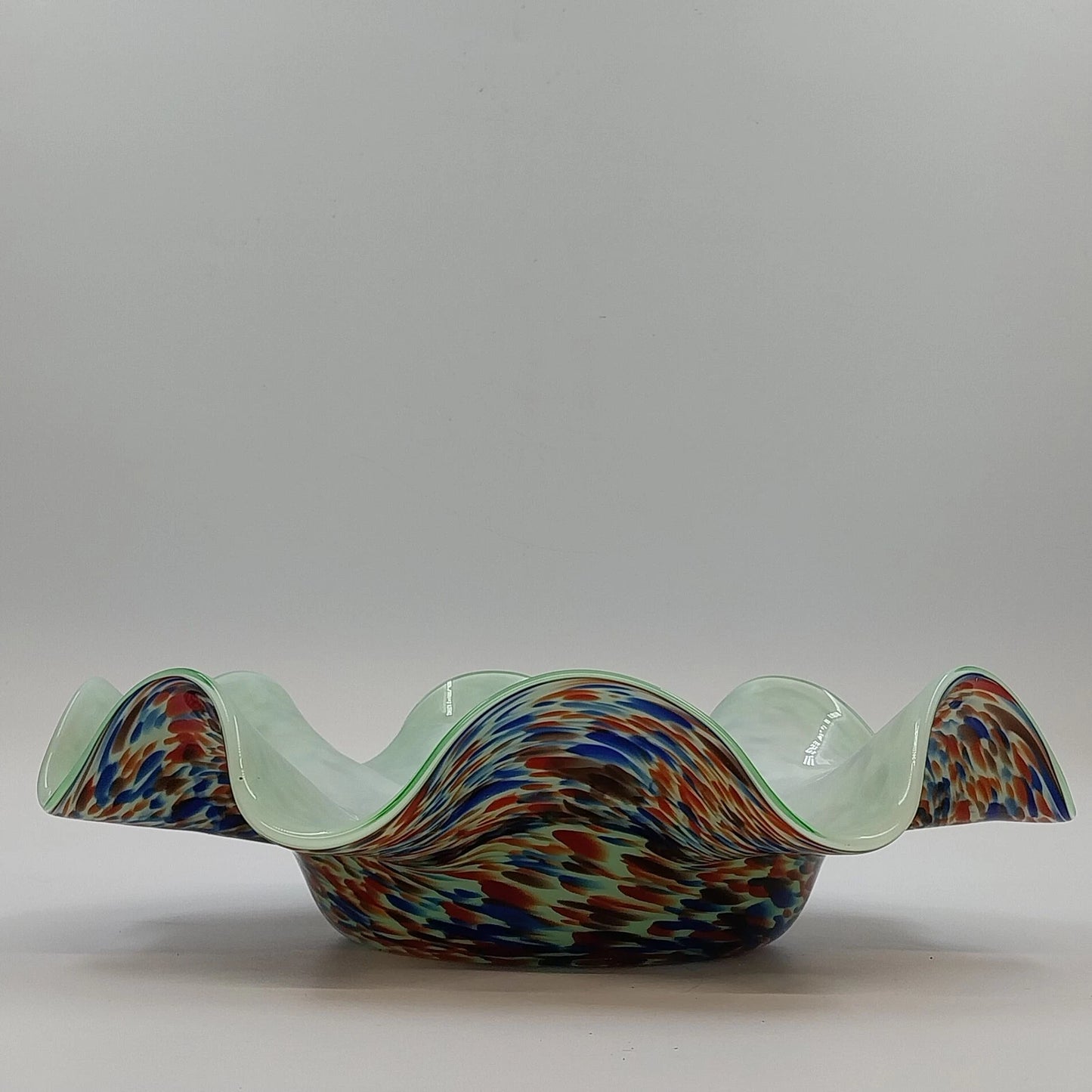 Hand Blown Art Glass Ruffled Bowl White Cased Multicolor Spun Spatter 12" Wide