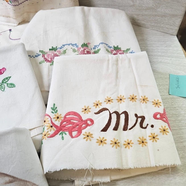 8 Pillow Case Linen Salvage AS IS for crafts Vintage Embroidery Mr Mrs Cat Girl