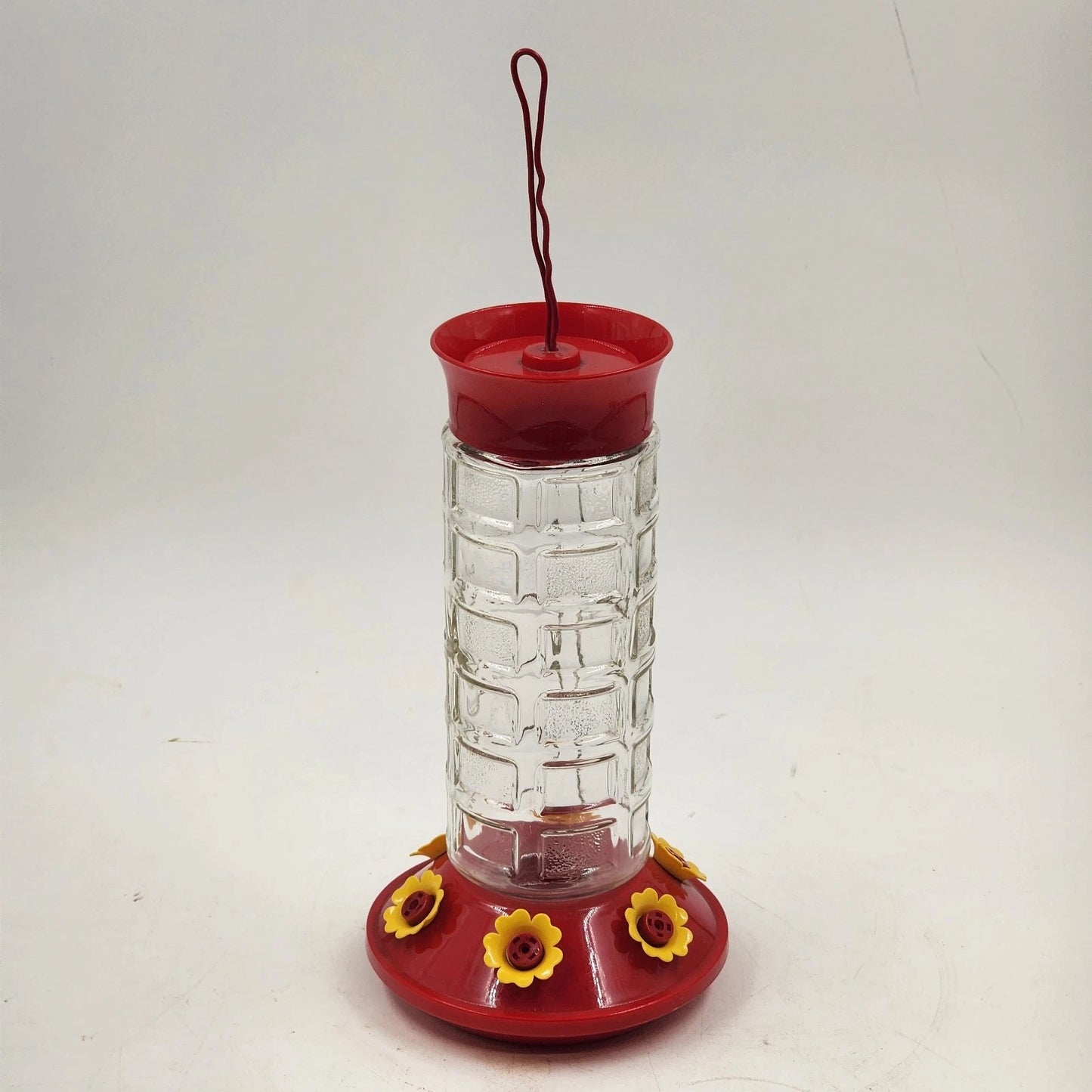 Clear Glass Panel Hummingbird Feeder Red Base 6 Yellow Flower Ports Gravity Feed