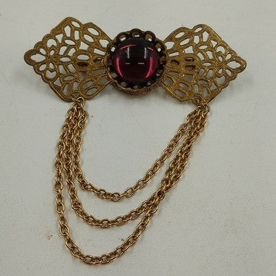 Gold Tone Filagree Metal Work & Cabochon Stone with Dangling Multi Chains Brooch