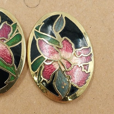Gold Tone Cloisonné Enamel Oval Earrings Pink Green Floral Black Push Clasp