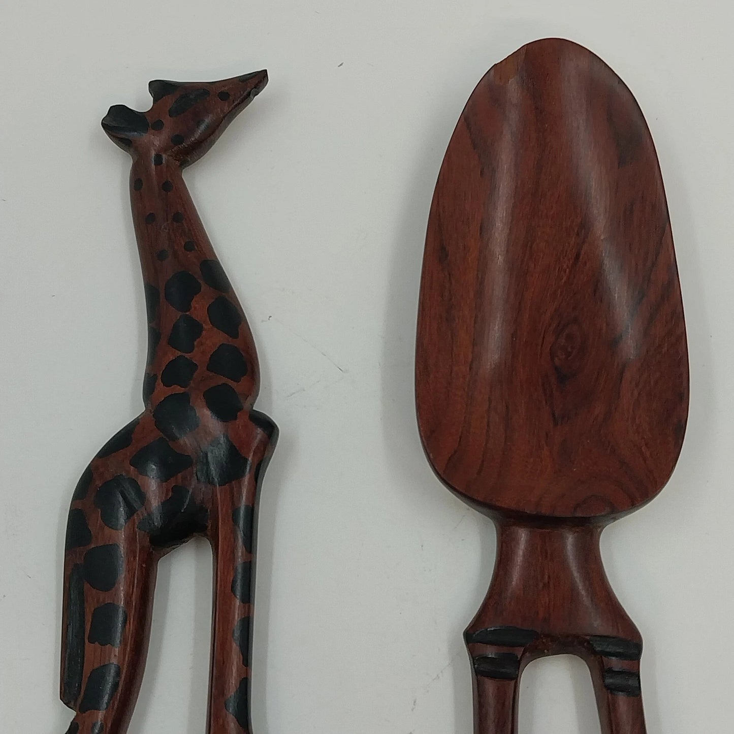 South African Hand Carved Wood Giraffe Salad Serving Fork Spoon Set Brown 13"