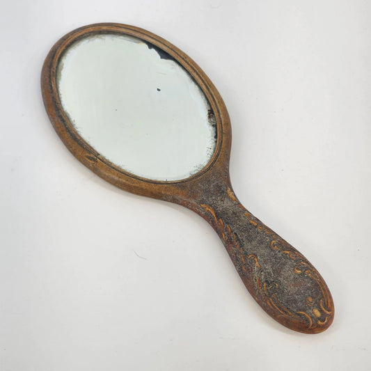 Gutta Percha Style Hand Mirror Ornate Brown Floral Celluloid Vanity 8" VIntage