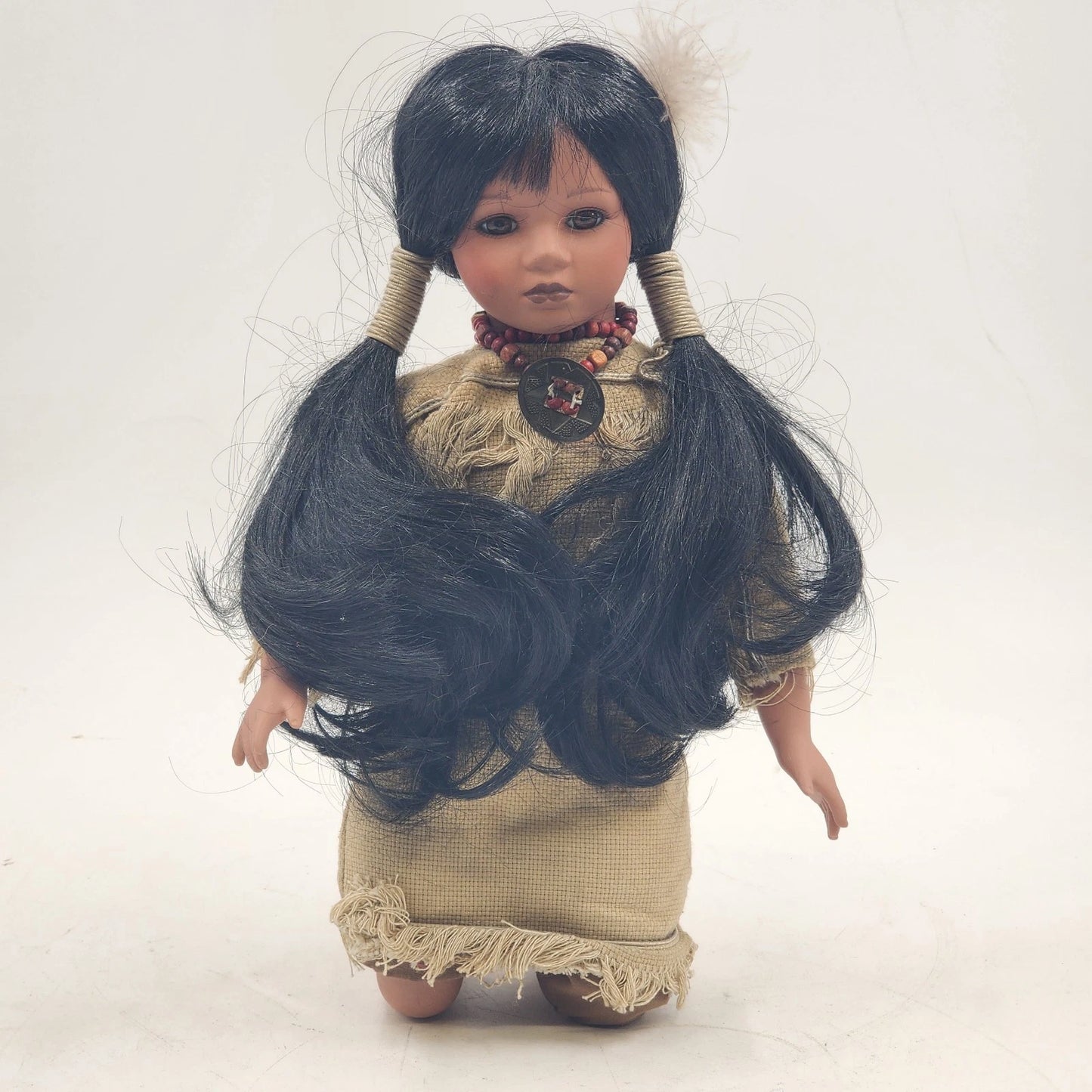Native American Porcelain Doll Indigenous Girl Kneeling Traditional Dress 12"
