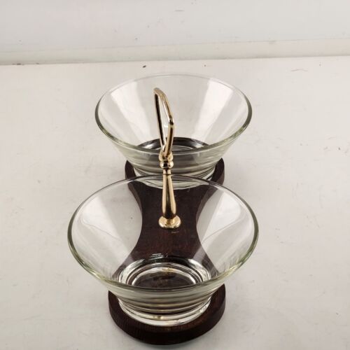 2 Glass Bowl Condiment Serving Set with Handled Walnut Wood Carrier MCM Japan