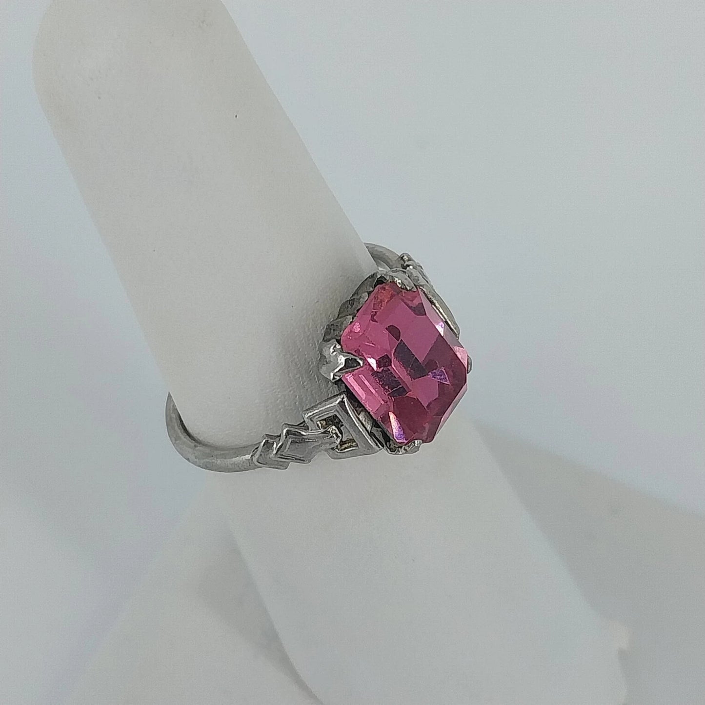 Pink Glass Emerald Cut Ring Silver Tone Art Deco Style Size 7 Fashion Vintage
