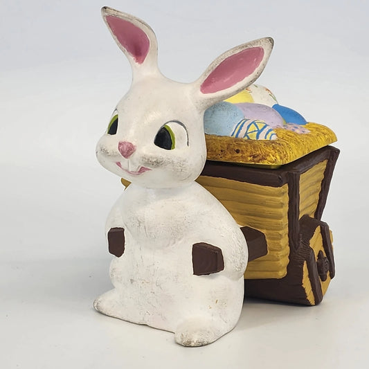Ceramic Candy Trinket Dish Lid 1973 Easter Bunny Pulling Egg Cart Kitsch 6" Vtg