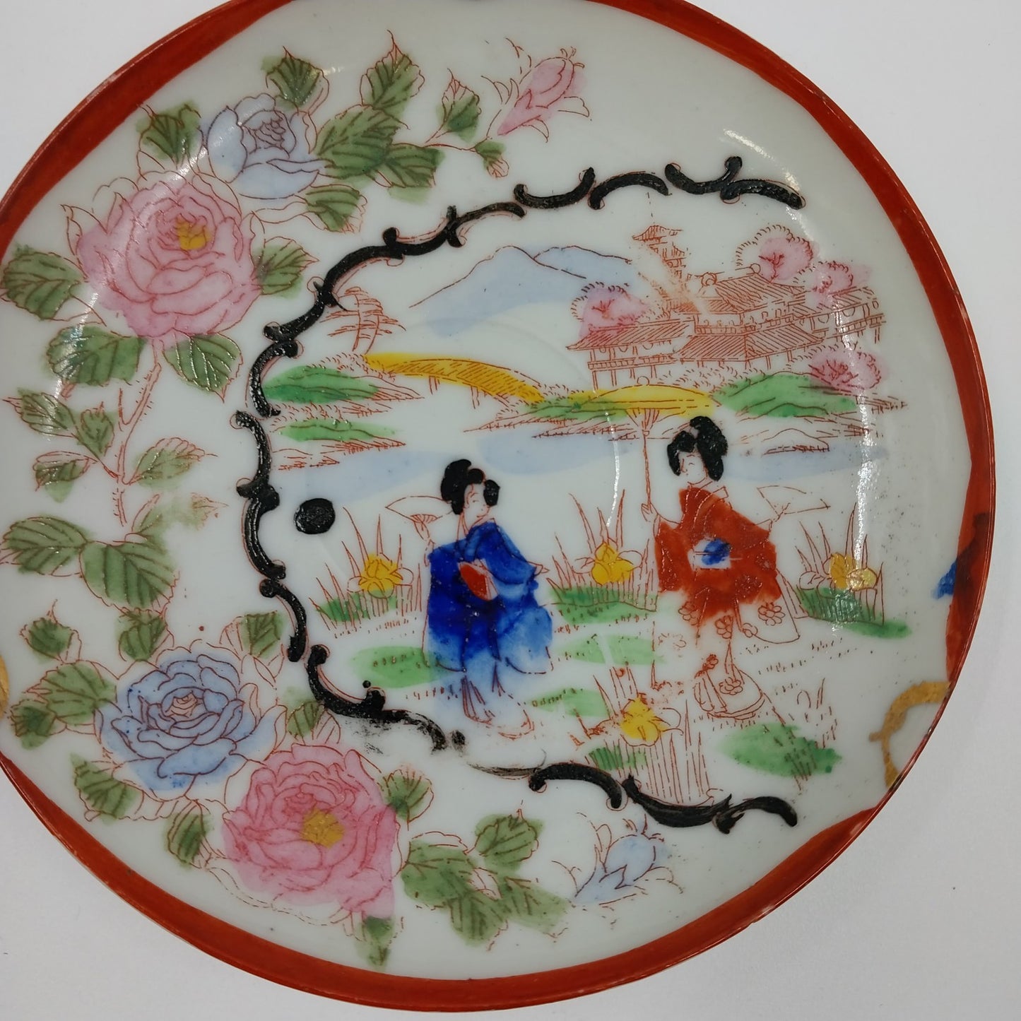 Japanese Kutani Geisha Girl Roses Mt Fuji Hand Painted Porcelain Plate 5.5" Vtg