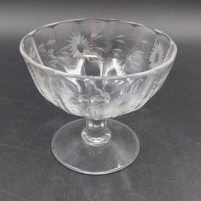 Candy Dish Etched Cut Compote Sunburst Floral Clear Glass Footed 5.25"x4.5"