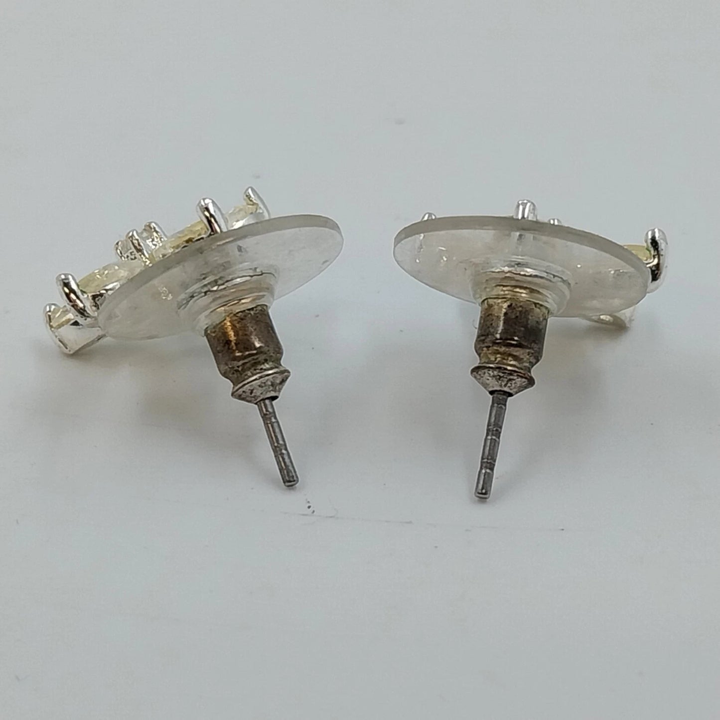 Yellow Flower Stud Earrings Pear Cut Faceted Stones Silver Tone Floral Jewelry