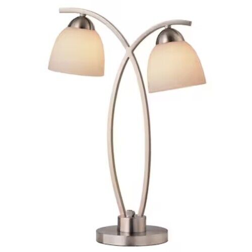 Brushed Nickle Desk Lamp Dual Arm Light Chrome Glass Shades Electric 22.25 Table