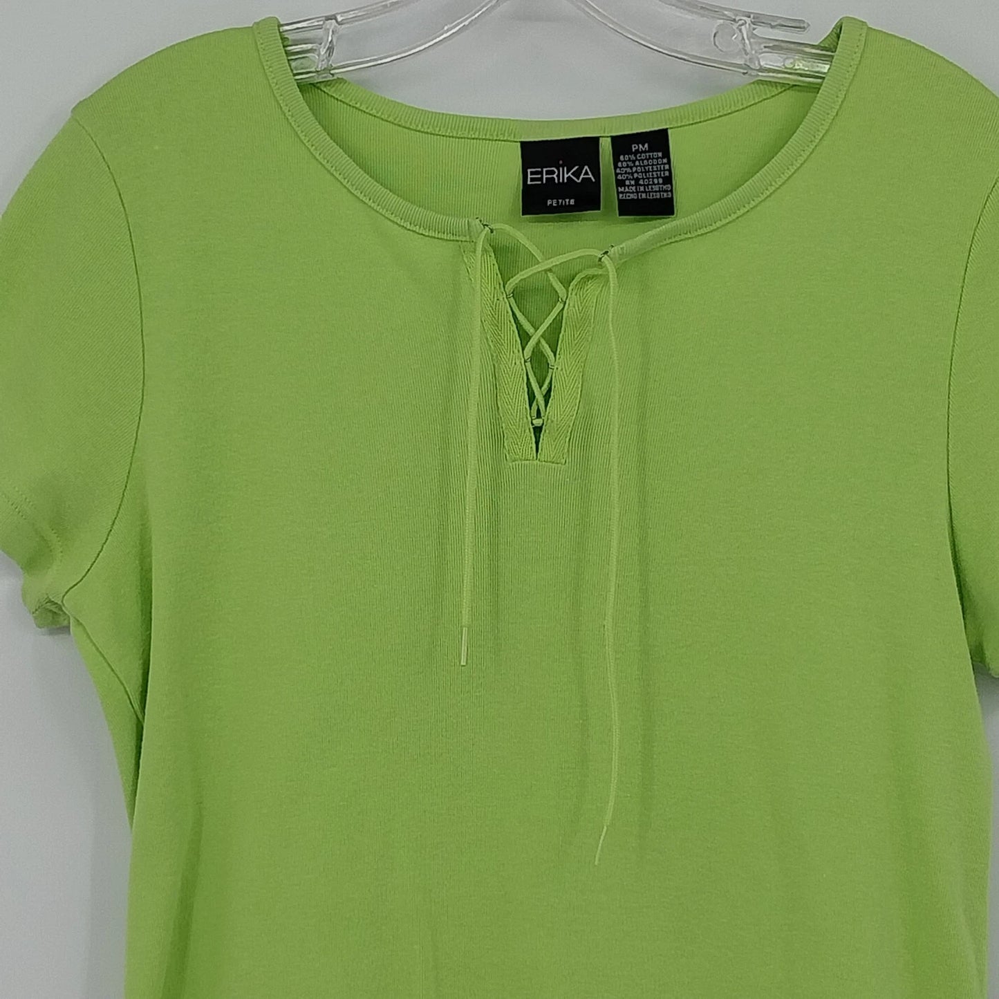 Erika Petite PM Lime Green Rib Knit Top Lace Up Neck Short Sleeve Shirt