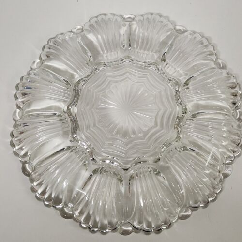 Clear Glass Deviled Egg Plate Dish Scalloped Rim Anchor Hocking 10 inch Vintage