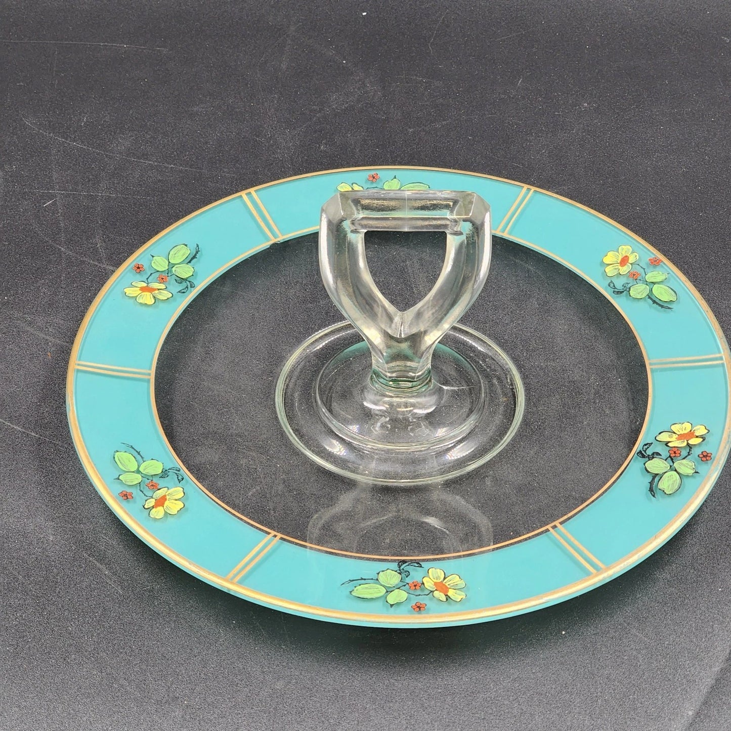 Reverse Painted Glass Tidbit Tray French cottage tableware Blue 11" MCM Server