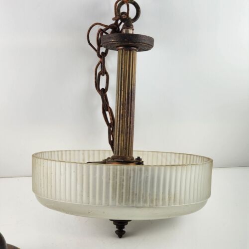 Brass Chandelier 2 Light Frosted Bowl Glass Deflector Ceiling Cup Rare Antique