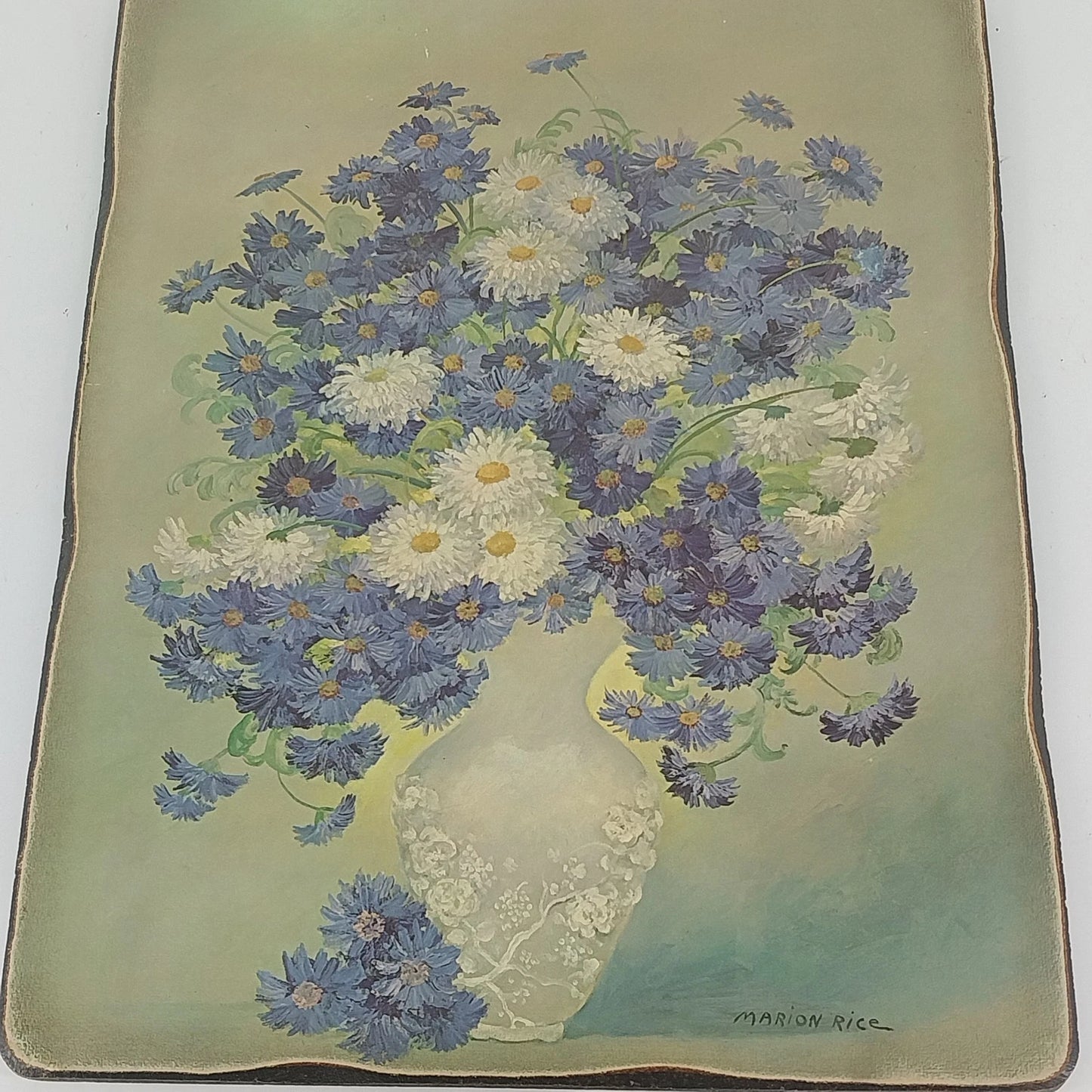 Marion Rice Floral White Vase Wood Mounted Wall Plaque 14" x 11" Vintage Vintage