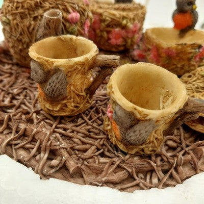 Wong's Polyresin Collectible Miniature Tea Set Bird Nest Teacup & Teapot 5.25"