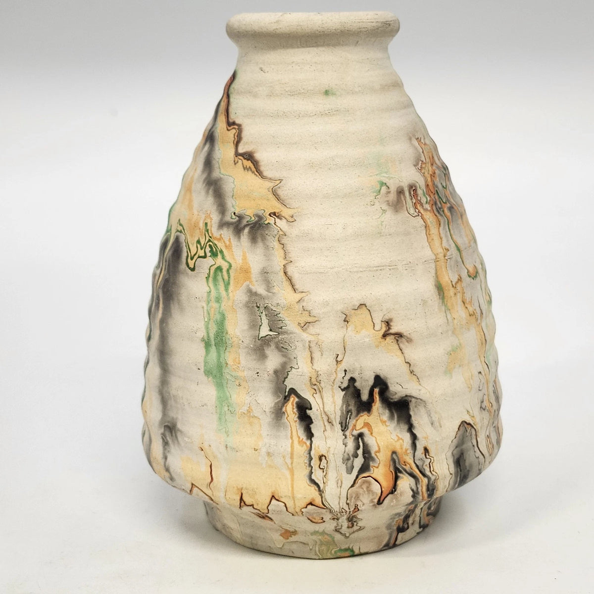 Nemadji Indian Pottery Native Clay Ribbed Vase 5.5" Green Orange Swirl USA