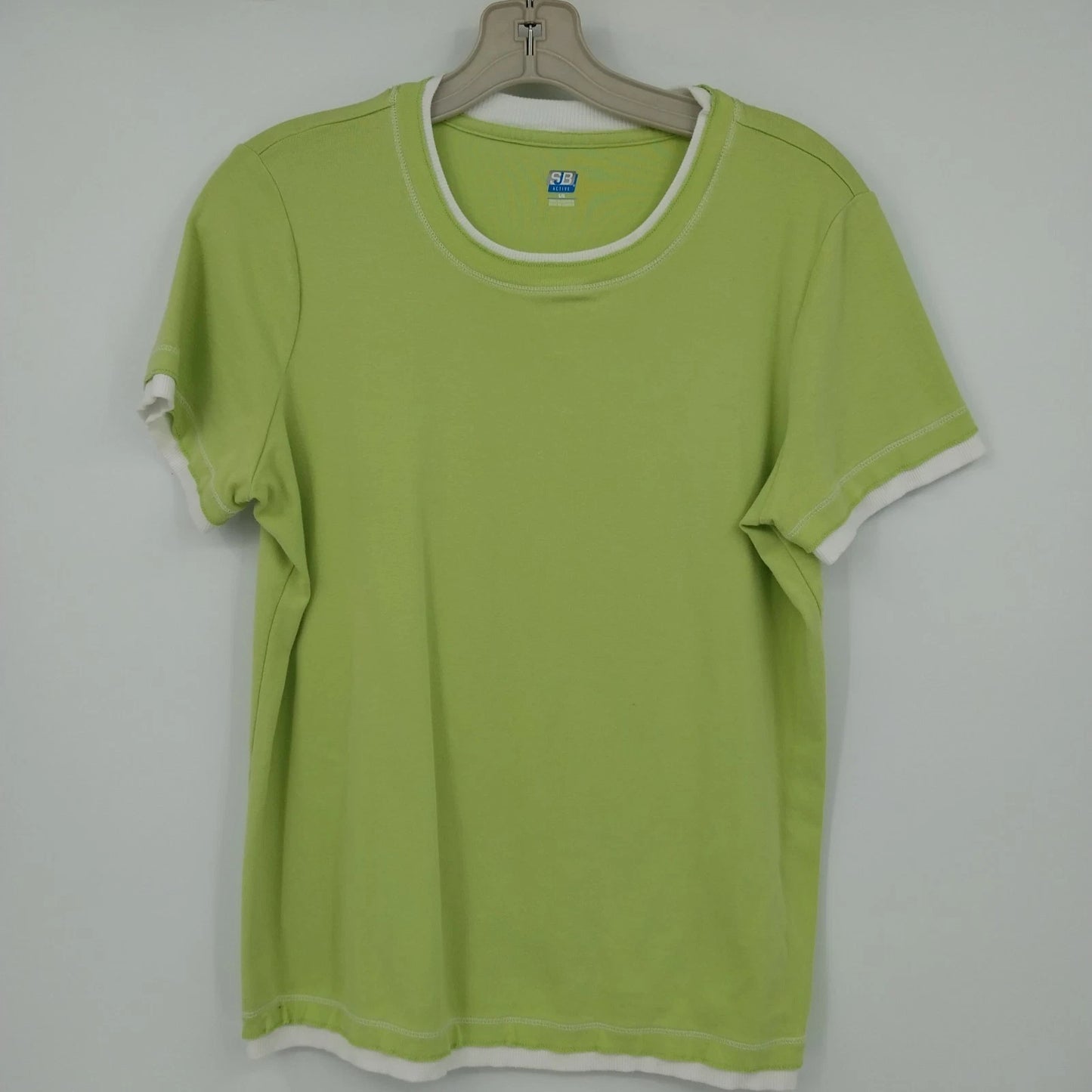 SB Active Ringer T Shirt Women's Large Lime Green White Trim Short Sleeve Cotton