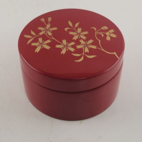 6 Japanese Red Lacquerware Coasters with Round Box Gold Tree Black Base Vintage