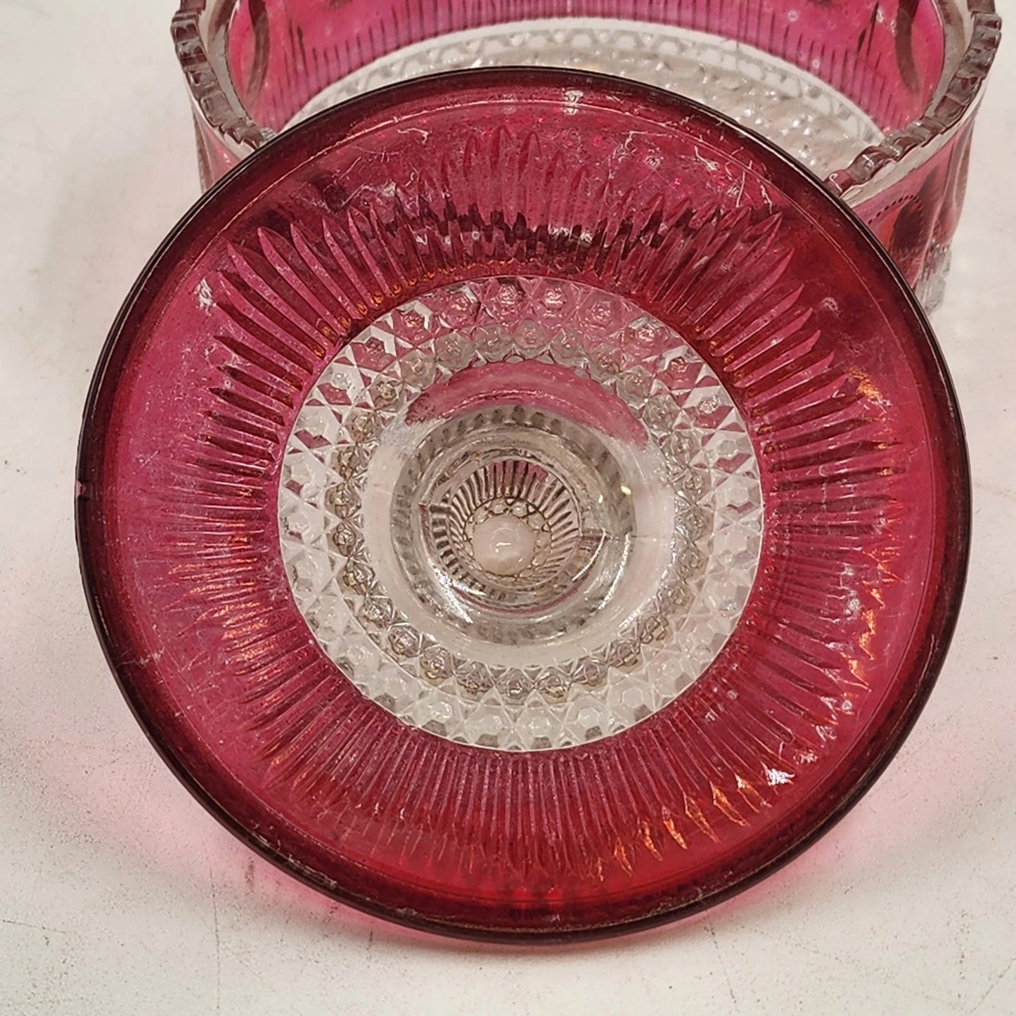 Manhattan Ruby Rose Powder Jar 1902 US Glass Cranberry Vanity Box Antique EAPG