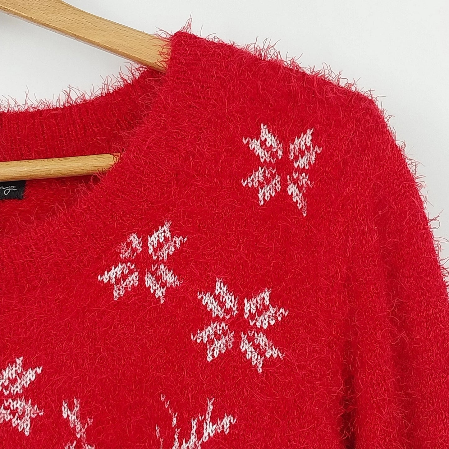 French Laundry Christmas Sweater Large Red Silver Fuzzy Deer Snowflake Slits Vtg