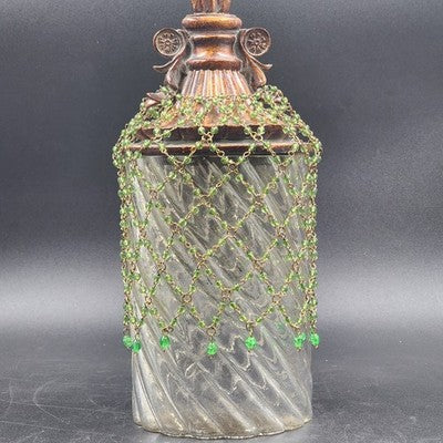 Clear Glass Swirl Decorative Jar w Carved Wood Fleur De Lis Lid & Beaded Chain