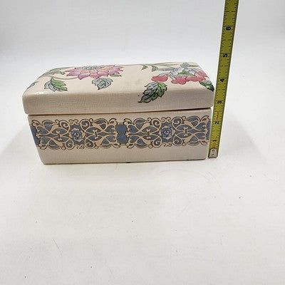 Embossed Ceramic Jewelry Box Macau Hand Painted Pink Blue Floral Design 8"x4"x4"