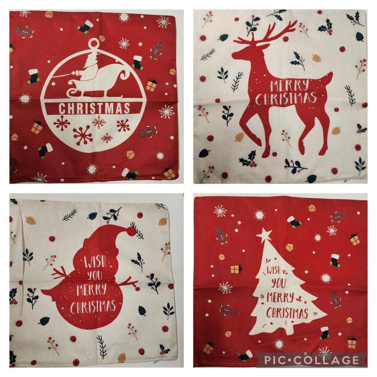 4 piece burlap Christmas pillow covers in red beige and white