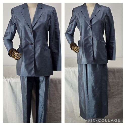 Blue 3 Piece Silk Suit Women's Size 4 Rena Rowan 2 Button Top Slacks Long Skirt