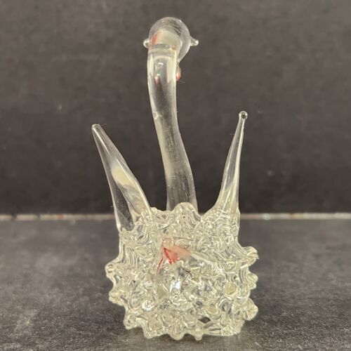 Hand Blown Swan Clear Layered String Glass Miniature 2.5” High Color Accents