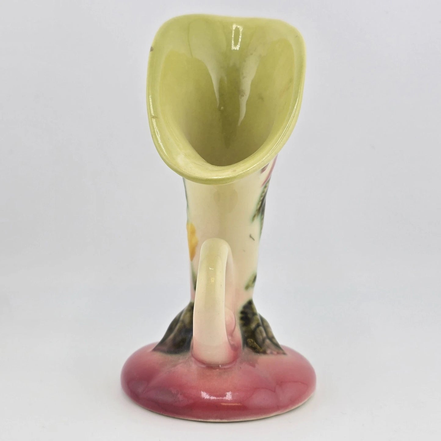 Hull Pottery W2 Woodland Cornucopia Vase 5.5" Chartreuse Pink Glossy 1950's Vtg