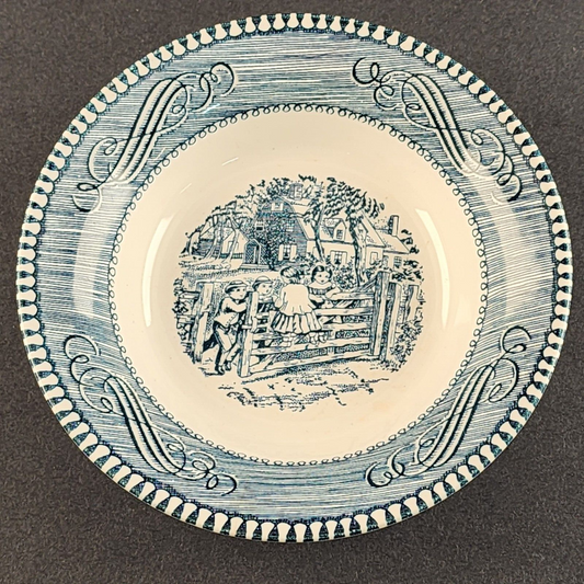 Currier and Ives Blue 5¾" Fruit Dessert Bowl by Royal Old Farm Gate Image USA