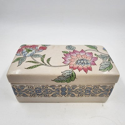 Embossed Ceramic Jewelry Box Macau Hand Painted Pink Blue Floral Design 8"x4"x4"
