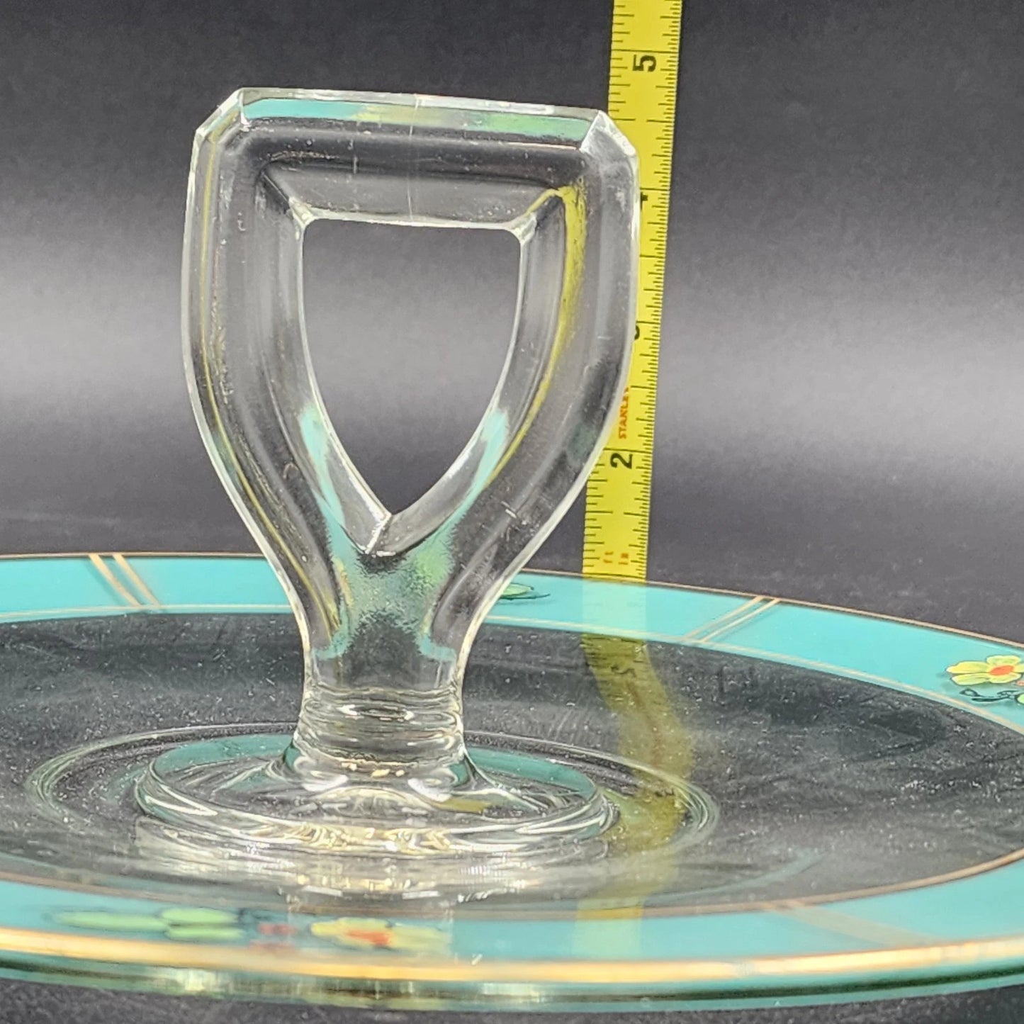 Reverse Painted Glass Tidbit Tray French cottage tableware Blue 11" MCM Server