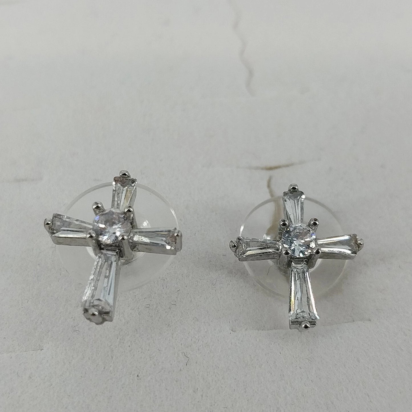 Silver Tone Cross Stud Earrings Clear Baguette Round Stones Religious Jewelry