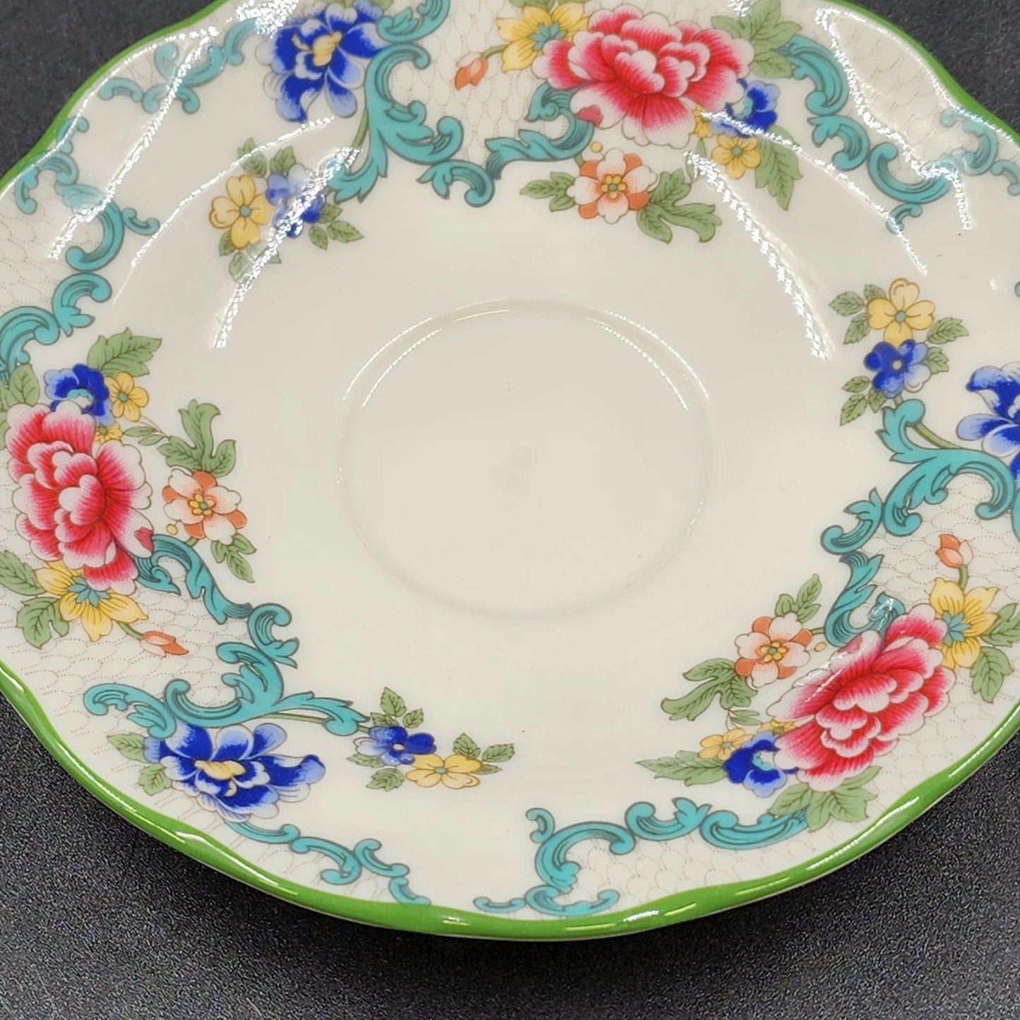 Royal Doulton Floradora Cup Saucer Fine China Floral Green Trim Scalloped 5.75"