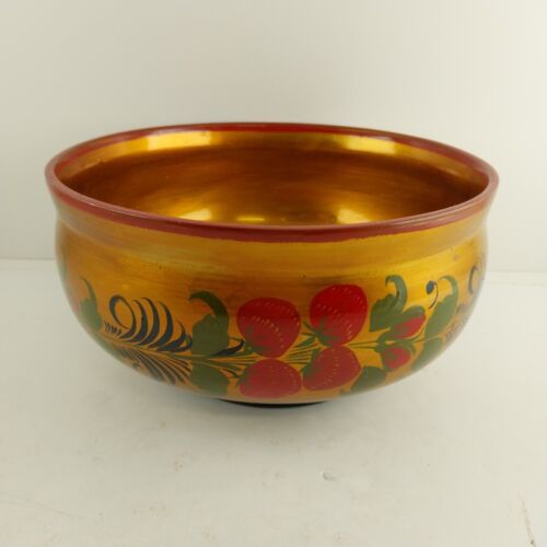 Strawberry Khokhloma Serving Bowl Wooden Gold Hand Painted Black Base Russian 8"