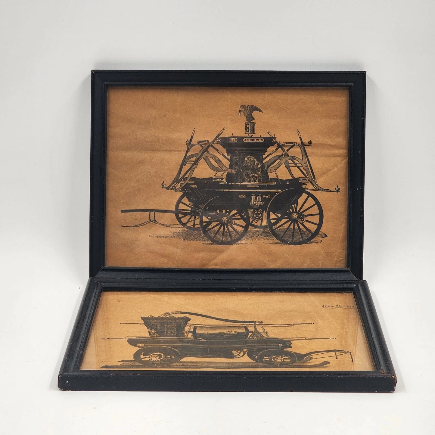 2 Firefighting Art Prints Horse-Drawn Fire Engine & Hand Pump Cart Wall Decor